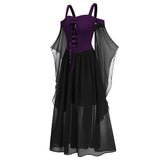 Halloween Party Witch with Charming Patchwork Bat Sleeves Big Swing Halter Dress Girls Play Costume