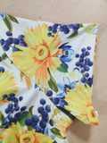 V-Neck Floral Print Vintage Long Tea Dresses for Women Short Sleeve Tie Back High Waist Summer Vacation Outfits