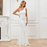 Elegant One Shoulder White Long Sequin Evening Dress New Women Party Wedding Wear Dress