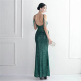 Women Backless Green Sequin Dress Strap Beading Party Maxi Dress Sexy Slit Evening Long Prom Dress