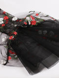 Floral Embroidered Mesh Long Sleeve Elegant Party Dress Vintage Women Turn-Down Collar Keyhole Black A-Line Mini Dresses
