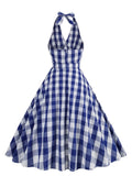 Ruched V-Neck Halter Sexy Women Pink and White Plaid Dress High Waist Party Evening Backless Cotton Vintage 50s Dresses