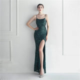 Backless Sexy Slit Long Sequin Evening Dress Luxury Beading Stretch Sleeveless Cocktail Party Prom Dress