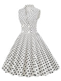 Notched Collar Double Breasted White Cotton Dresses Women Sleeveless Polka Dot Vintage Rockabilly Midi Dress