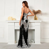 Women Sexy Strap Silver Sequin Dress Party Maxi Dress V Neck Evening Dress Long Prom Dress