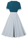 2024 Blue Polka Dot Print Vintage Patchwork Summer Swing Women Dress with Bow Elegant 1950s 60s Short Cocktail Gowns Midi Dress