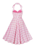 Sexy Pink Dresses for Women Halter Backless Bow Front Plaid Patchwork Prom Party Birthday Dress Midi Vintage