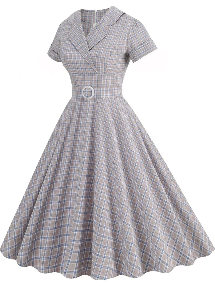 1950s Vintage Hepburn Summer Women England Short Sleeve Plaid Print Sundress Swing Pinup Cocktail Runway Midi Dress