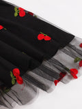 Vintage Cherry Cute Skirts Embroidered Mesh Overlay Women Spring Summer High Waist Black Pleated Long Skirt
