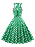 Green Halter Neck Button 50s Vintage Rockabilly Swing Dress with Pockets Backless Party Sexy Women Polka Dot Dresses