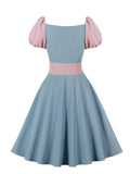 Pink and Blue Patchwork Puff Sleeve Vintage A-Line Dress Women Lace-Up Waist Polyester Dresses Party Night Elegant