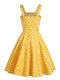 Yellow 50s Pinup Vintage Button Front Polka Dot Summer Tank Dresses Women Evening Party Belted Cotton Midi Dress