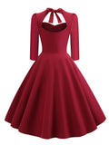 Sweetheart Neck Burgundy Solid A-Line Vintage Party Dresses Women Evening Elegant Autumn 3/4 Length Sleeve Midi Dress