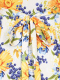V-Neck Floral Print Vintage Long Tea Dresses for Women Short Sleeve Tie Back High Waist Summer Vacation Outfits
