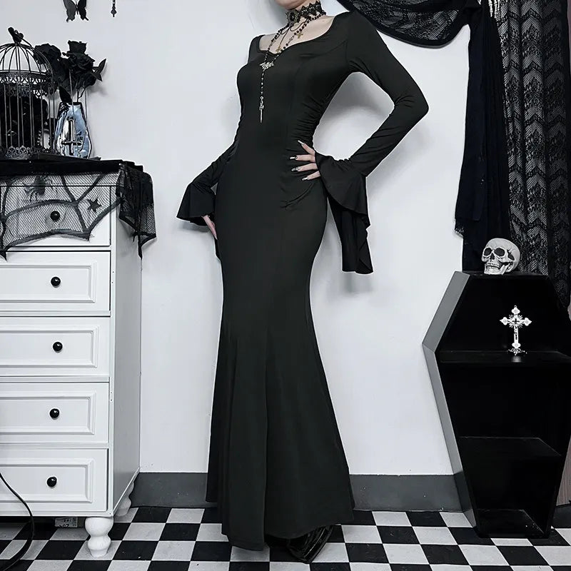 Halloween Gothic Dark Party Women Aesthetic Vintage Elegant Nightclub Long Sleeve High Waist Trumpet Dress