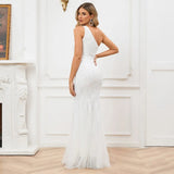 Elegant One Shoulder White Long Sequin Evening Dress New Women Party Wedding Wear Dress