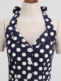 1950s Style Polka Dot Rockabilly Cotton Dresses Women Halter Button Up Party Evening Backless Pockets Vintage Dress