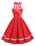 Halter Neck Buttons Polka Dot Women Rockabilly Vintage Pleated Dress Cotton Elegant Party Wear Ladies Dresses 1950s