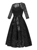 Sweetheart Neck Elegant Lace Long Swing Dress Women 3/4 Length Sleeve Belted Spring Autumn Vintage Ladies Midi Dresses