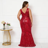 Plus Size Sexy V Neck Stretch Burgundy Sequin Evening Dress Elegant Sleeveless Party Maxi Dress Long Prom Dress