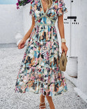 2024 Spring Summer Casual Holiday Floral Print Vintage Dress for Women Short Sleeve V Neck Midi Long Runway Flare Dresses