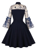 Turn-Down Collar Mesh 3/4 Length Sleeve Elegant Navy Blue Dresses for Women Evening Party Vintage Style Mini Dress