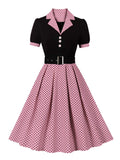 Two Tone Patchwork Polka Dot Women Formal and Elegant Dress Vintage Style Buttons Belted Pleated Rockabilly Dresses