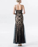 Vintage Floral Sequin Embroidered Mesh Maxi Dresses for Women Spaghetti Strap V-Neck Sexy Evening Prom Party Long Dress