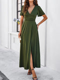 Elegant Solid High Split Evening Dresses Deep V Neck Short Sleeve 2024 Long Dress Fashion Beach Holiday Robe Prom Dresses