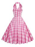 Pink Plaid Print Halter Neck Evening Party Birthday Dresses for Women Backless High Waist Rockabilly Vintage Dress
