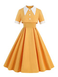 Elegant Yellow Solid Formal Two Piece Sets Dresses for Women 2024 Turn-Down Collar High Waist Vintage Pleated Dress