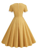 Square Neck Striped Vintage Rockabilly Dress Elegant Clothes Women Short Sleeve High Waist A-Line Cotton Dresses