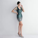 Sexy V Neck Green Sequin Dress Short Party Bodycon Dress Women Evening Prom Dress