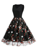 Floral Embroidered Mesh Overlay A-Line Vintage Long Dresses Women V-Neck Elegant Party Robe Femme Black Dress