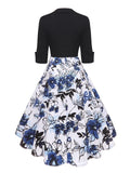Square Neck Black and Floral Print 50s Robe Vintage Dress Fall Outfits Women Half Sleeve Cotton Midi Dresses
