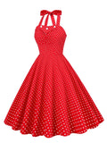 Halter Neck Button 50s Pinup Polka Dot Lace-Up Back Corset Dress Vintage Party Women Backless Cotton Elegant Red Dresses