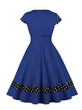 Tonval V-Neck High Waist Red Patchwork Polka Dot Rockabilly Dress for Women Cap Sleeve Knee-Length Cotton Dresses Vintage