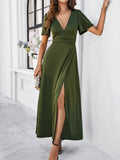 Elegant Solid High Split Evening Dresses Deep V Neck Short Sleeve 2024 Long Dress Fashion Beach Holiday Robe Prom Dresses