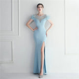 Elegant Feather Long Party Sexy Slit Crystal Dress Floor Length Evening Party Maxi Celebrity Dress