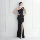 Black One Shoulder Slash Nech Beading Party Maxi Dress Women Sexy Slit Long Prom Evening Dress