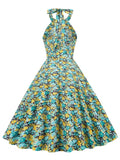 Multicolor Floral Elegant Vacation Outfits for Women Halter Neck Vintage 50s Fit and Flare Backless Party Sexy Dress
