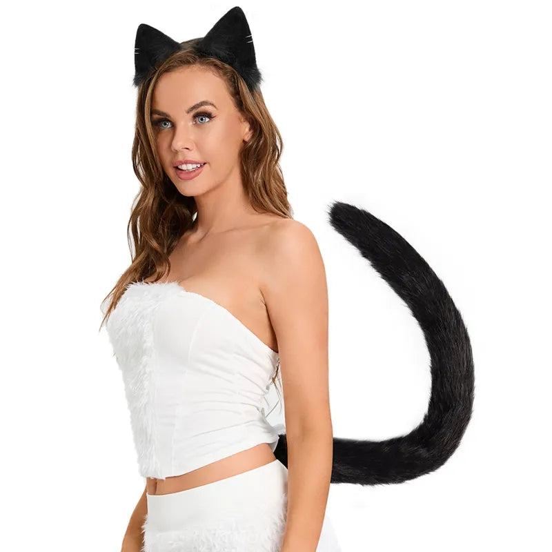 Fox Cat Ears Headband and Faux Fur Tail for Halloween Cosplay Party Costume Accessories Cat Ears Tail Set for Adults