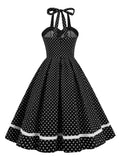 Halter Neck Buttons Polka Dot Women Rockabilly Vintage Pleated Dress Cotton Elegant Party Wear Ladies Dresses 1950s