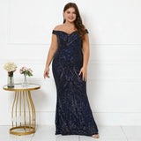 Plus Size Women Off Shoulder Navy Blue Sequin Evening Dress Elegant Boat Neck Party Maxi Dress Long Prom Dress