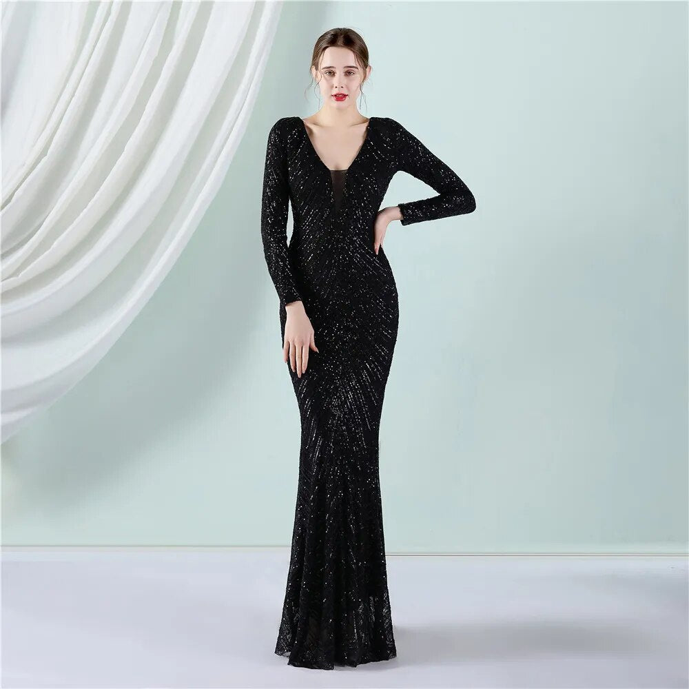 Stretch Black Sequin Maxi Dress Full Sleeve V Neck Mermaid Stripes Evening Night Long Party Dress