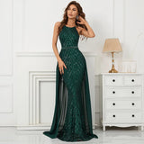Sexy Green Sequin Evening Dress Party Maxi Dress With Detachable Chiffon Train Women Beading Long Prom Dress
