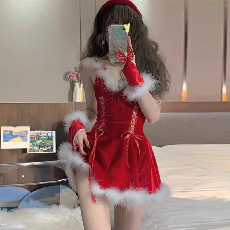 Winter Female Santa Cosplay Costume Carnival Masquerade Party Sexy Red Velvet Suit Stage Performance Uniform Maid Tight Skirt