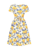 V-Neck Floral Print Vintage Long Tea Dresses for Women Short Sleeve Tie Back High Waist Summer Vacation Outfits