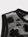 Floral Embroidered Mesh Overlay Elegant High Waist Black Dresses for Women Sleeveless A Line Party Summer Dress