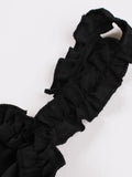 Vintage Frilled Trim Shirred High Waist Black Tank Dresses Summer Outfits for Women Ruffles Hem Pleated Long Dress